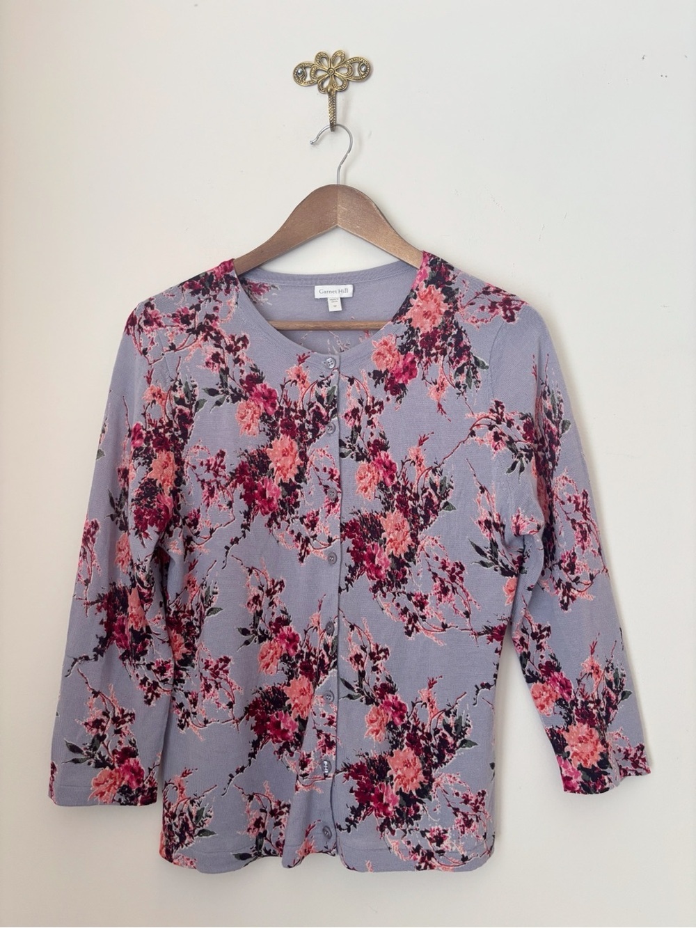 Garnet Hill Lavender Floral Merino Wool Cardigan Sweater Medium